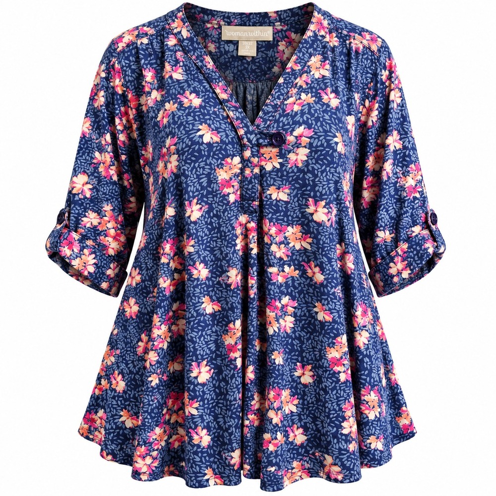 Woman Within 3X 30/32 Floral Tunic Top Navy Pink Rayon 3/4 Sleeve Plus Size